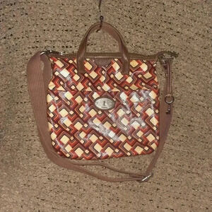 FOSSIL-Keyper-Crossbody/Handbag-Geometric Coated Canvas/Brown Leather-Near Mint